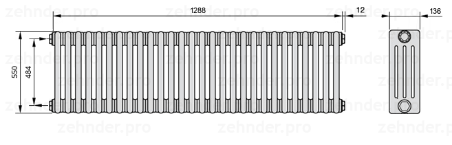 Схема (чертеж) Радиатор Zehnder Charleston 4055/28 №1270 Белый глянцевый RAL 9016